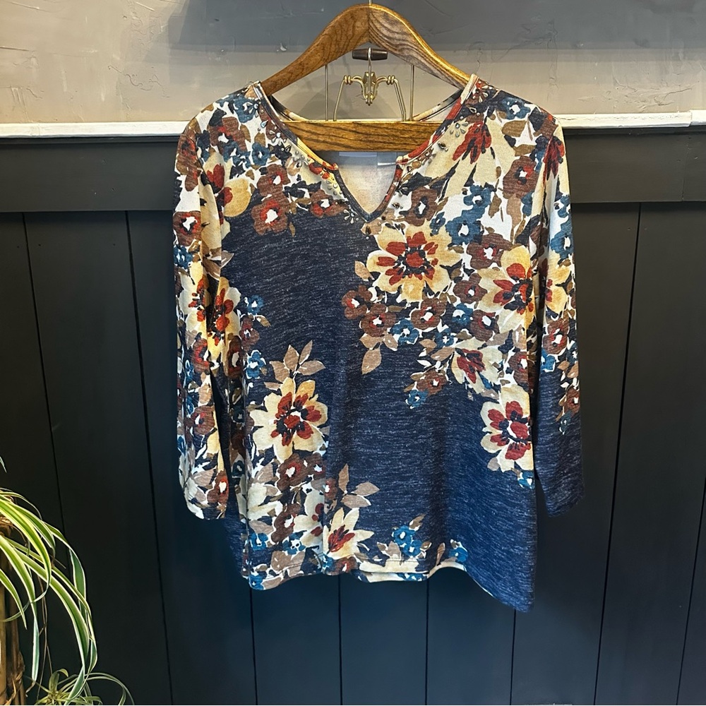 Alfred Dunner XL Blue Tan‎ Floral V-Neck3/4 Sleeve Stretch Knit Women's Top